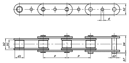 Roller pulling chains. Chains with the bords containing a hole