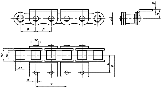 Acid-proof and stainless steel chains with bent lifters