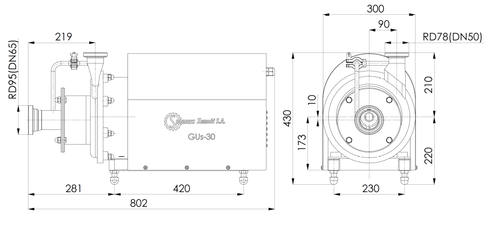 Wymiary gabarytowe i przekrój pompy GUs30