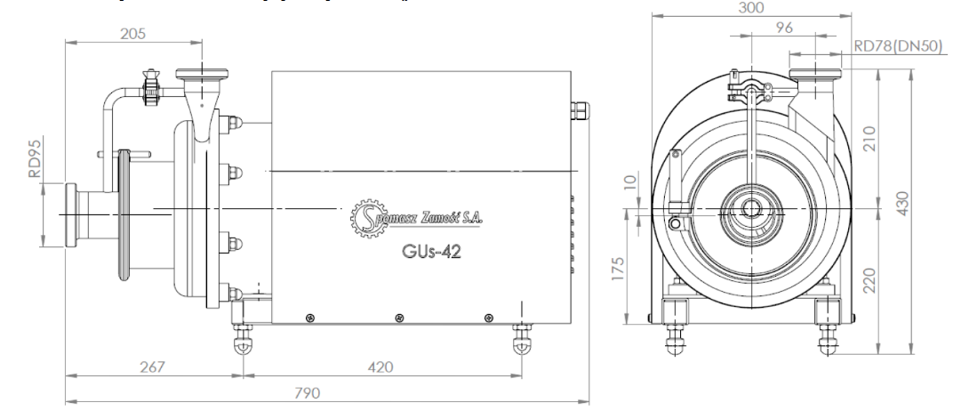 Wymiary gabarytowe i przekrój pompy GUs42